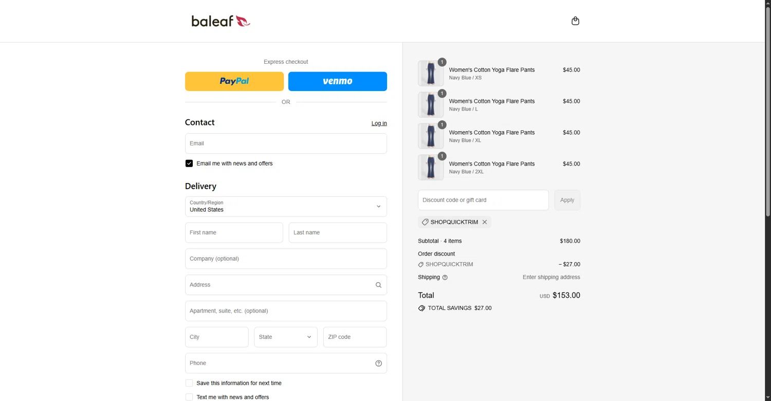 Baleaf Sports coupon code screenshot showing code shopquicktrim applied at Baleaf Sports checkout page. Uploaded by SimplyCodes community member MateoRioja on Aug 28, 2025