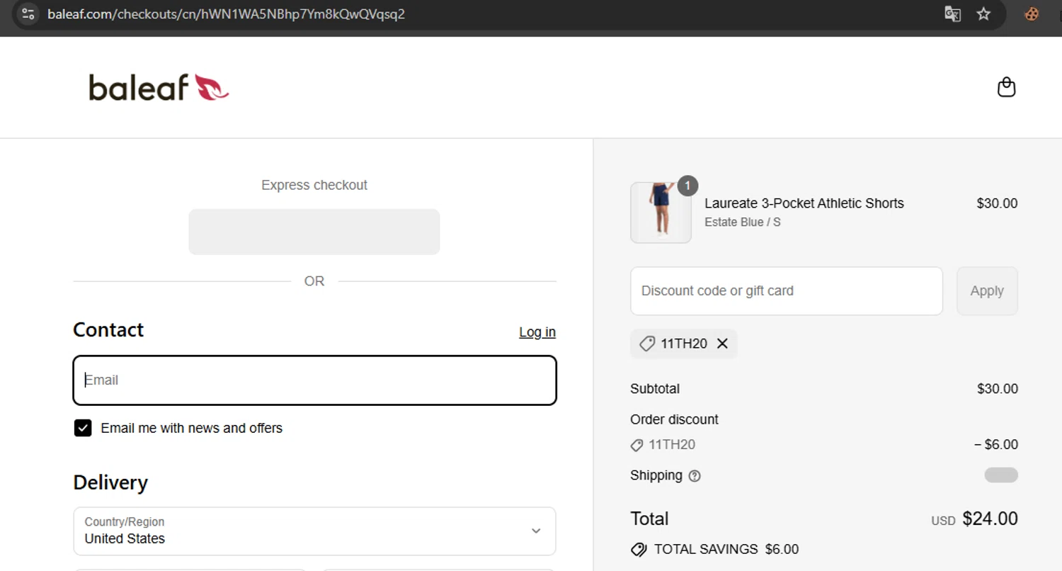 Baleaf Sports coupon code screenshot showing code 11TH20 applied at Baleaf Sports checkout page. Uploaded by SimplyCodes community member javierprez on Aug 7, 2025