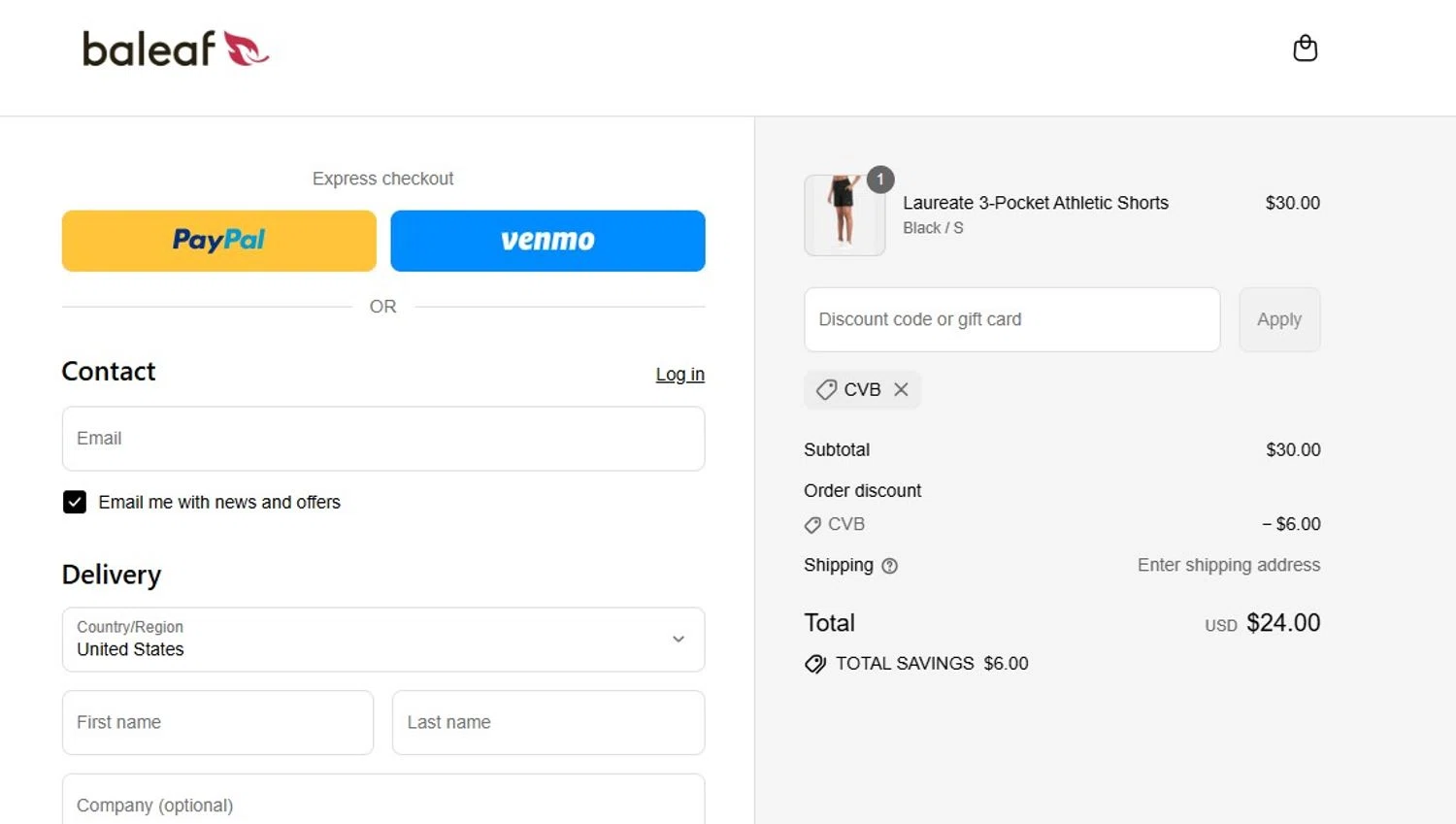 Baleaf Sports coupon code screenshot showing code CVB applied at Baleaf Sports checkout page. Uploaded by SimplyCodes community member mandrakke on Aug 15, 2025