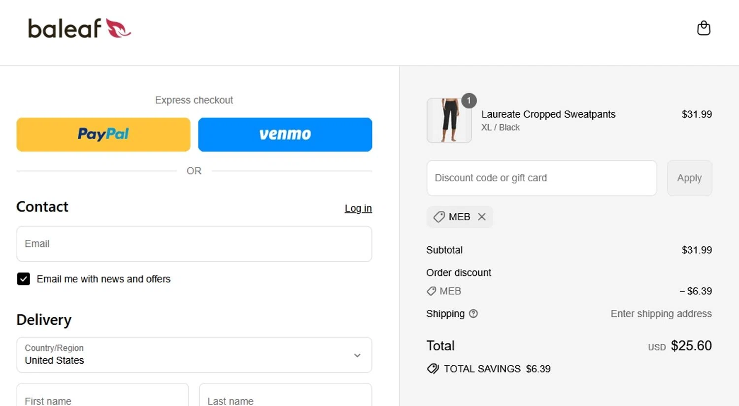 Baleaf Sports coupon code screenshot showing code MEB applied at Baleaf Sports checkout page. Uploaded by SimplyCodes community member mandrakke on Aug 12, 2025