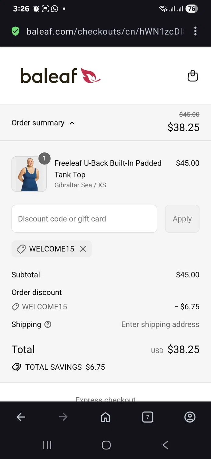 Baleaf Sports coupon code screenshot showing code Welcome15 applied at Baleaf Sports checkout page. Uploaded by SimplyCodes community member vida5254427716958 on Aug 23, 2025