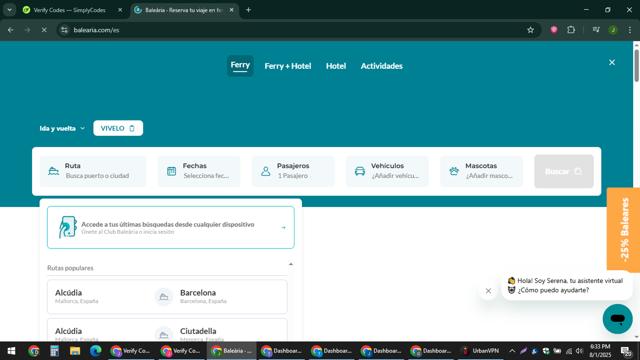 Balearia checkout page showing Balearia promo code box | Screenshot taken by SimplyCodes community member on Aug 1, 2025