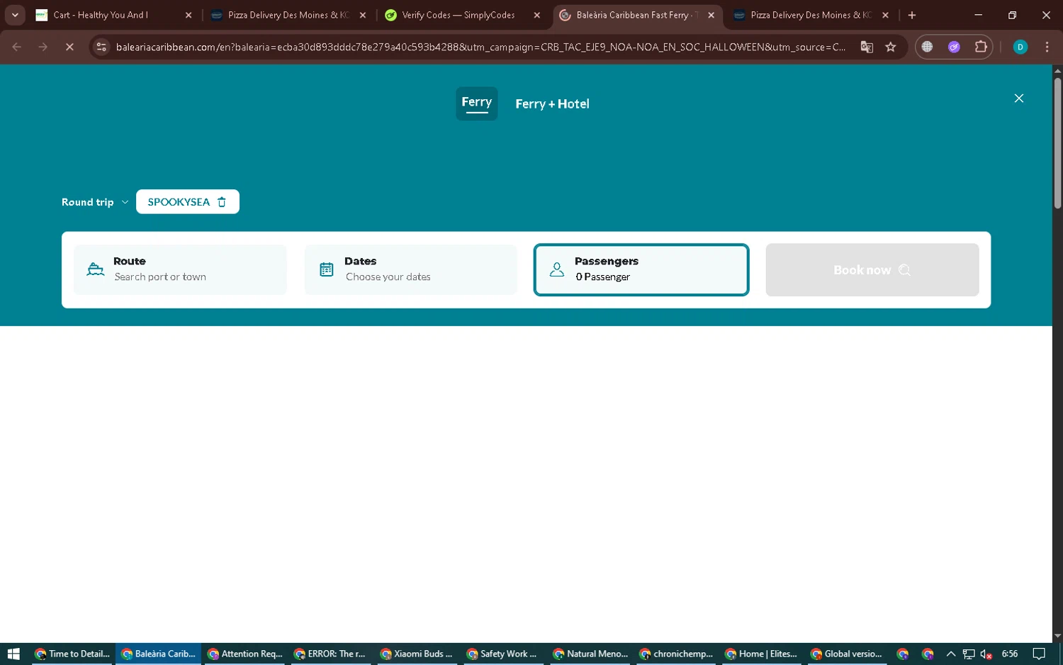Balearia Caribbean promo code screenshot showing code SPOOKYSEA applied at Balearia Caribbean checkout page. Uploaded by SimplyCodes community member BonusPilot3825 on Dec 26, 2025