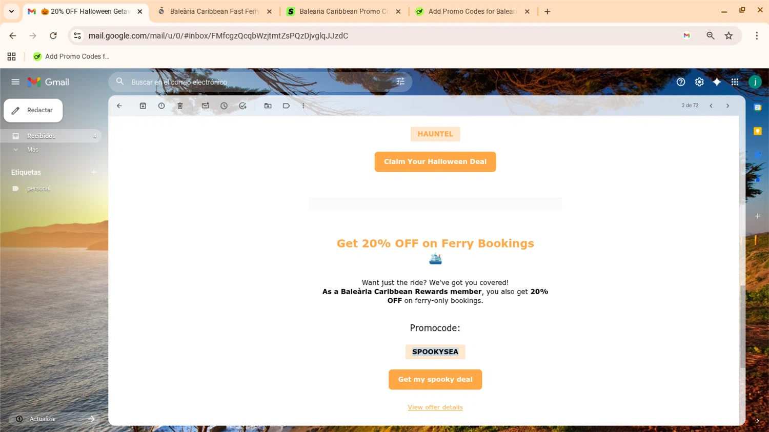 Balearia Caribbean promo code screenshot showing code SPOOKYSEA applied at Balearia Caribbean checkout page. Uploaded by SimplyCodes community member yennifergonzalez on Oct 29, 2025