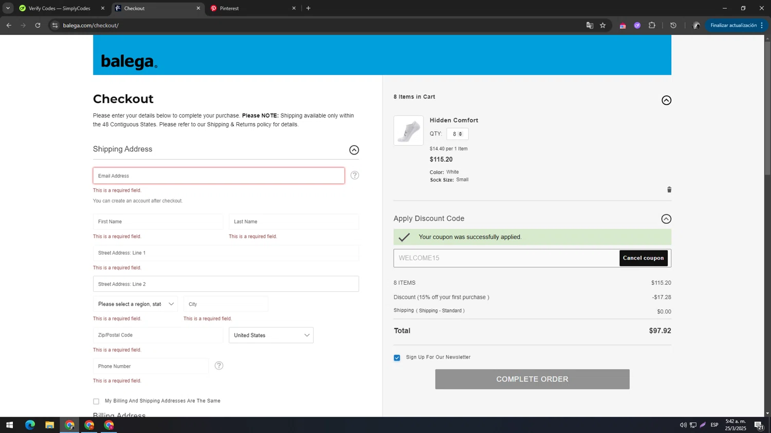 Balega promo code screenshot showing code WELCOME15 applied at Balega checkout page. Uploaded by SimplyCodes community member hgjgjhgkgjhgjgkjghj on Mar 25, 2025