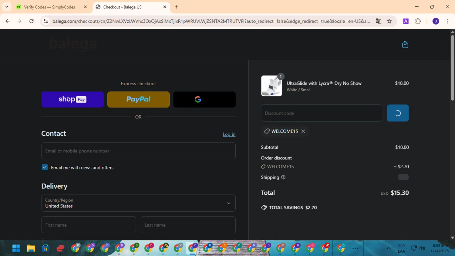 Balega promo code screenshot showing code WELCOME15 applied at Balega checkout page. Uploaded by SimplyCodes community member MagnificentFinder9583 on Apr 17, 2025
