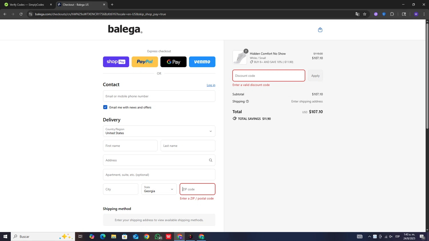 Balega promo code screenshot showing code TRANSFORM2024 applied at Balega checkout page. Uploaded by SimplyCodes community member messsss on Aug 24, 2025