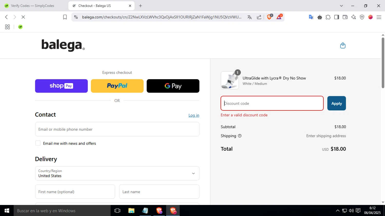 Balega promo code screenshot showing code SPRINGSALE2025 applied at Balega checkout page. Uploaded by SimplyCodes community member FrugalKnight7213 on Apr 6, 2025