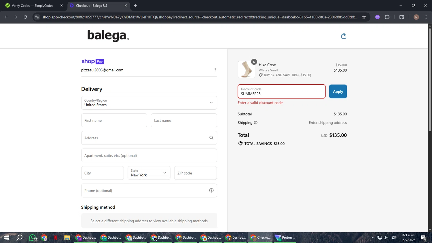 Balega promo code screenshot showing code SUMMER25 applied at Balega checkout page. Uploaded by SimplyCodes community member DiscountPioneer2554 on Jul 15, 2025