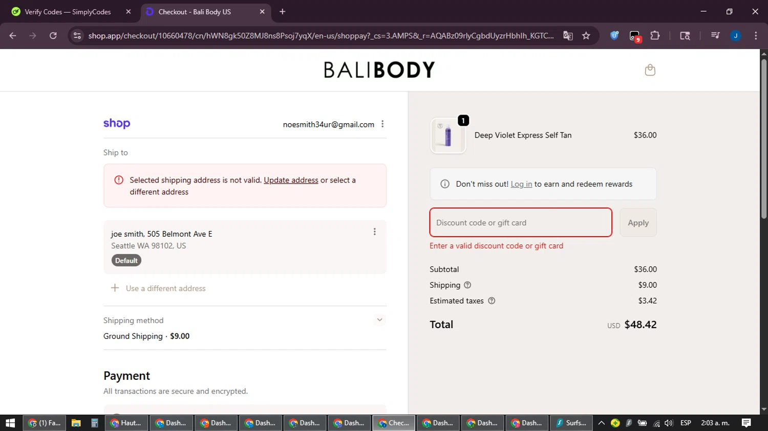 Bali Body US coupon code screenshot showing code BBVD7H7J3R applied at Bali Body US checkout page. Uploaded by SimplyCodes community member noesmith34ur on Feb 12, 2026