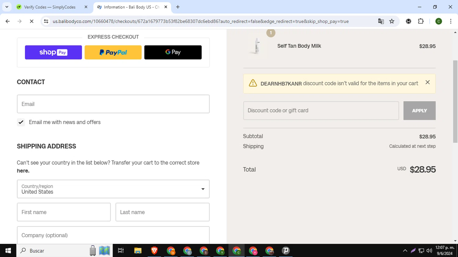 Bali Body US checkout page showing Bali Body US coupon code box | Screenshot taken by SimplyCodes community member on Jun 9, 2024