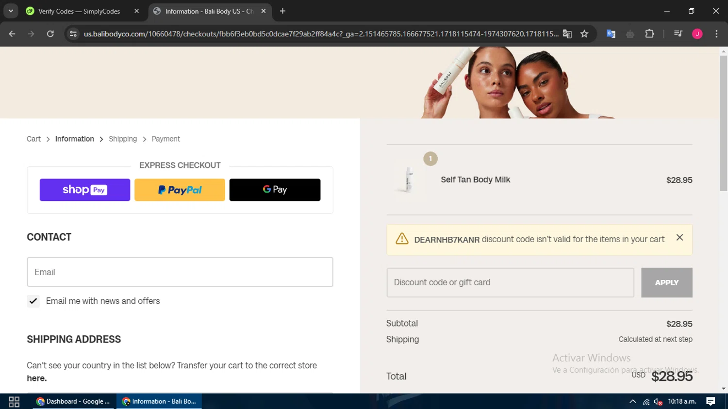 Bali Body US checkout page showing Bali Body US coupon code box | Screenshot taken by SimplyCodes community member on Jun 11, 2024