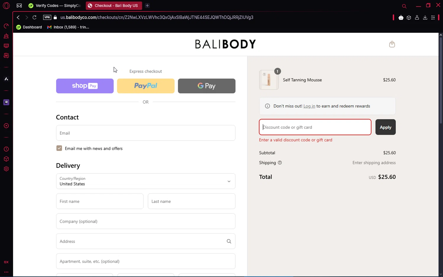 Bali Body US coupon code screenshot showing code DEARNHB7KANR applied at Bali Body US checkout page. Uploaded by SimplyCodes community member jakeperro on Mar 22, 2025