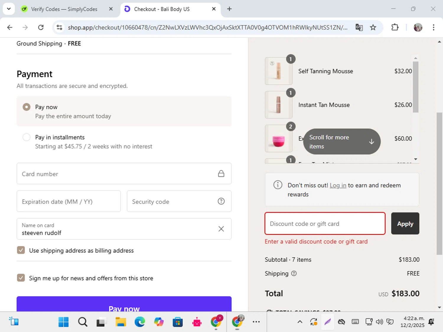 Bali Body US coupon code screenshot showing code DEARNHB7KANR applied at Bali Body US checkout page. Uploaded by SimplyCodes community member karolg on Feb 12, 2025