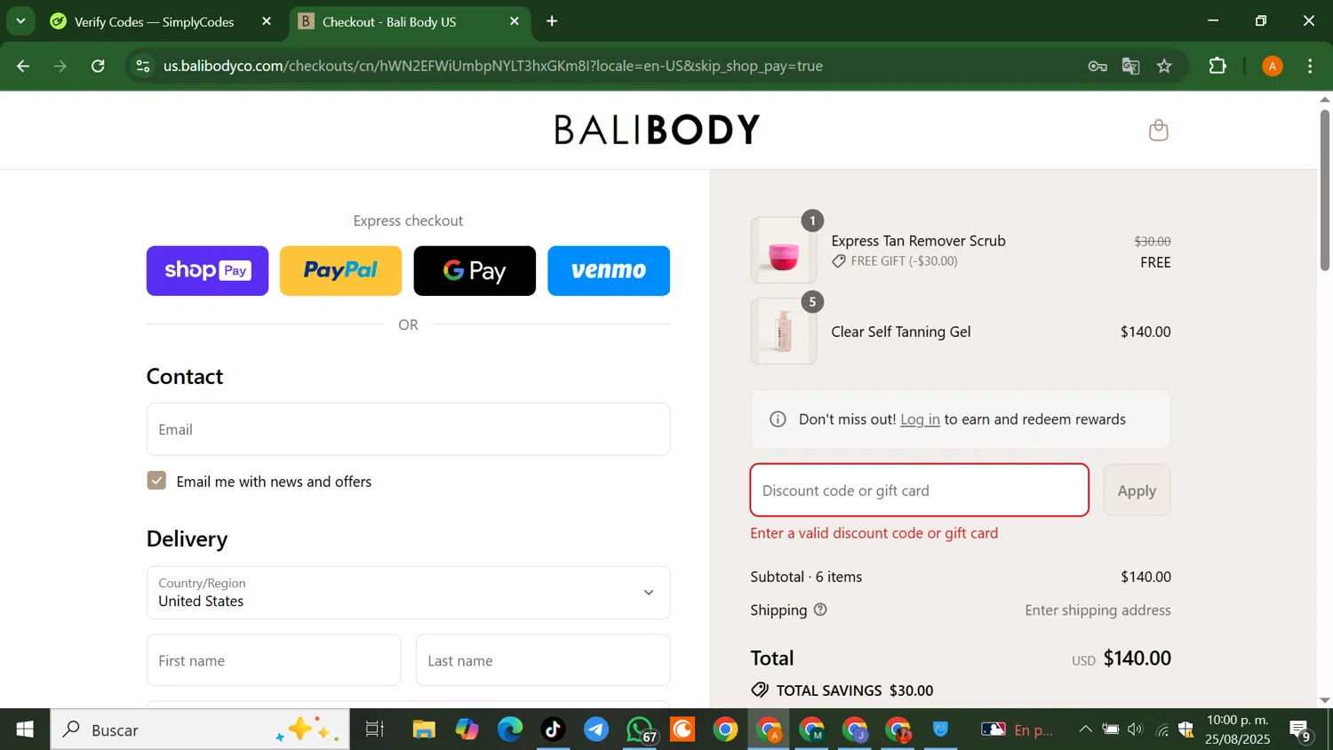 Bali Body US coupon code screenshot showing code INVISIBLETAN applied at Bali Body US checkout page. Uploaded by SimplyCodes community member AlfredoBonifacio on Aug 26, 2025