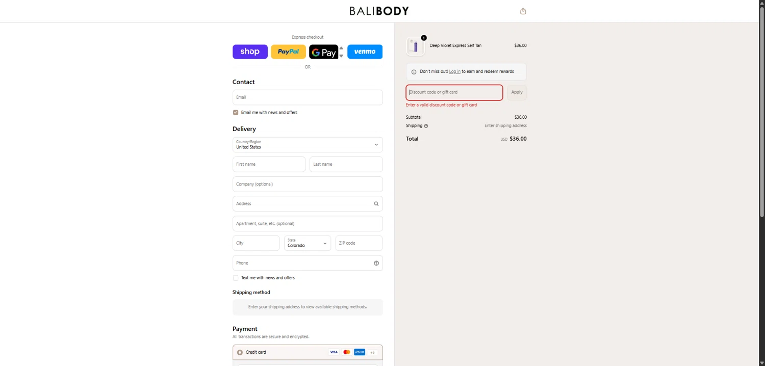 Bali Body US coupon code screenshot showing code INVISIBLETAN applied at Bali Body US checkout page. Uploaded by SimplyCodes community member MightyMaverick3143 on Feb 10, 2026