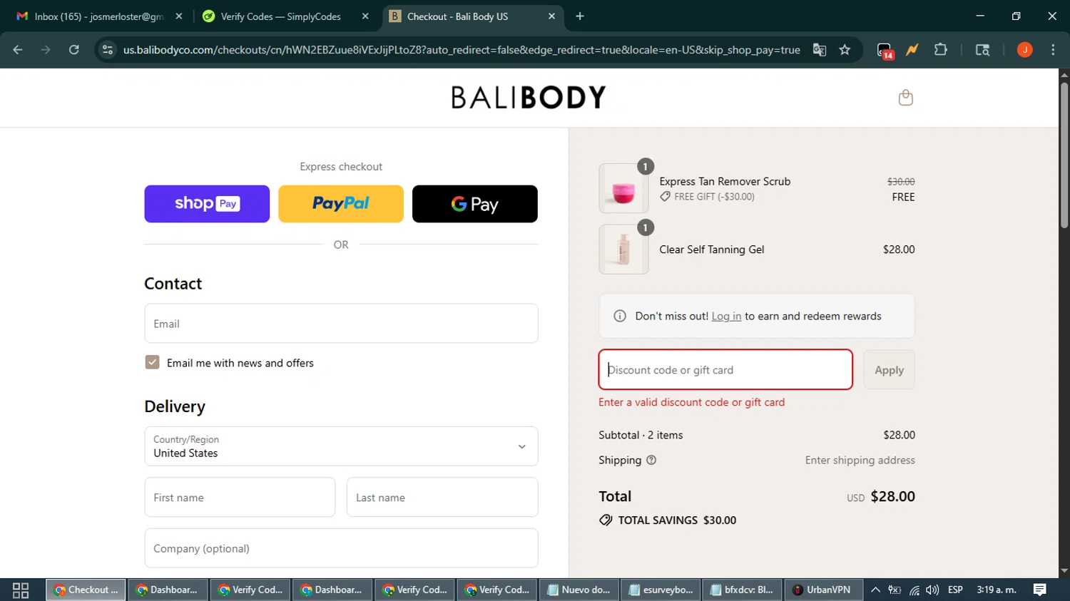 Bali Body US coupon code screenshot showing code INVISIBLETAN applied at Bali Body US checkout page. Uploaded by SimplyCodes community member NobleAce2304 on Aug 26, 2025