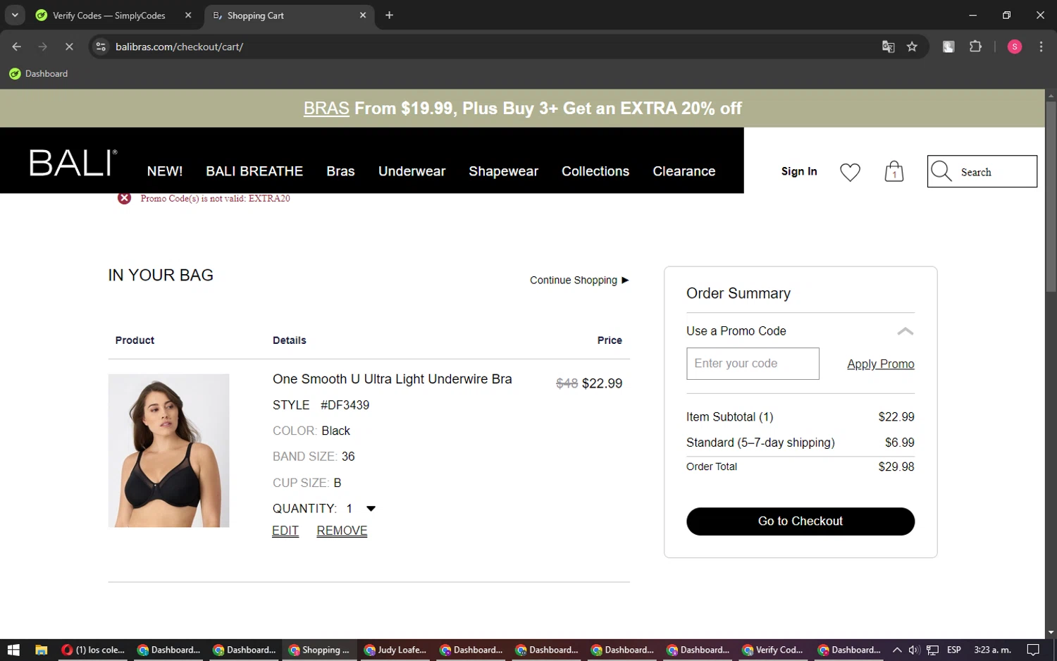 BALI Bras promo code screenshot showing code EXTRA20 applied at BALI Bras checkout page. Uploaded by SimplyCodes community member BargainPilot4994 on Jan 17, 2025