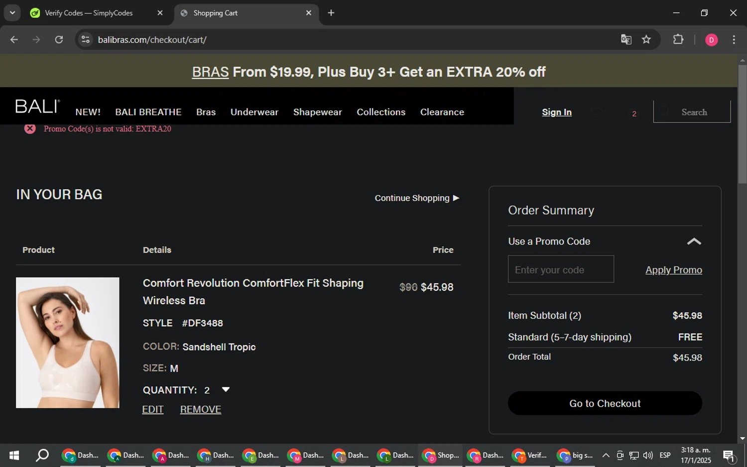 BALI Bras promo code screenshot showing code EXTRA20 applied at BALI Bras checkout page. Uploaded by SimplyCodes community member LuckyHero4650 on Jan 17, 2025