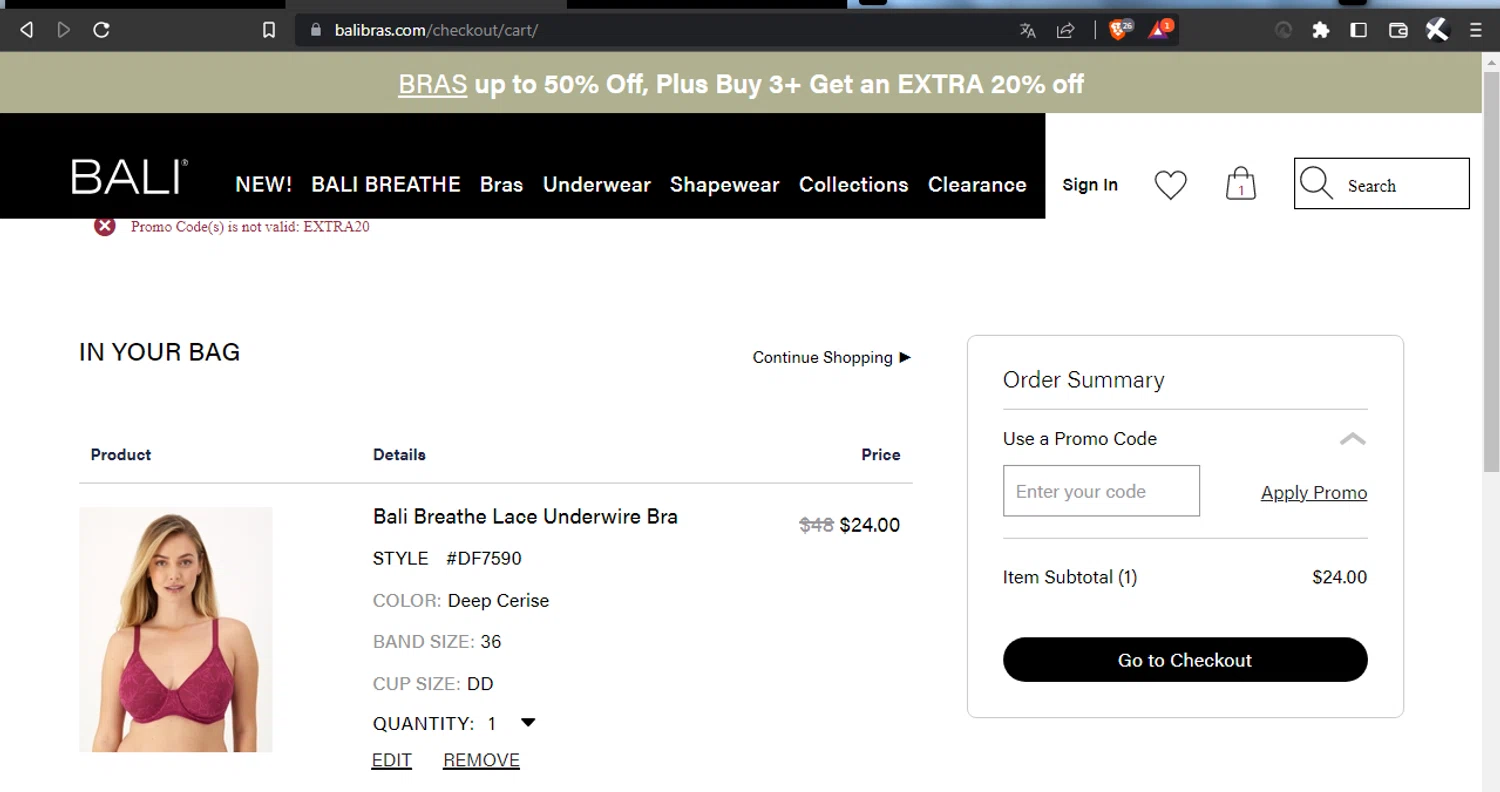 BALI Bras promo code screenshot showing code EXTRA20 applied at BALI Bras checkout page. Uploaded by SimplyCodes community member l2994552451687 on Jan 7, 2025