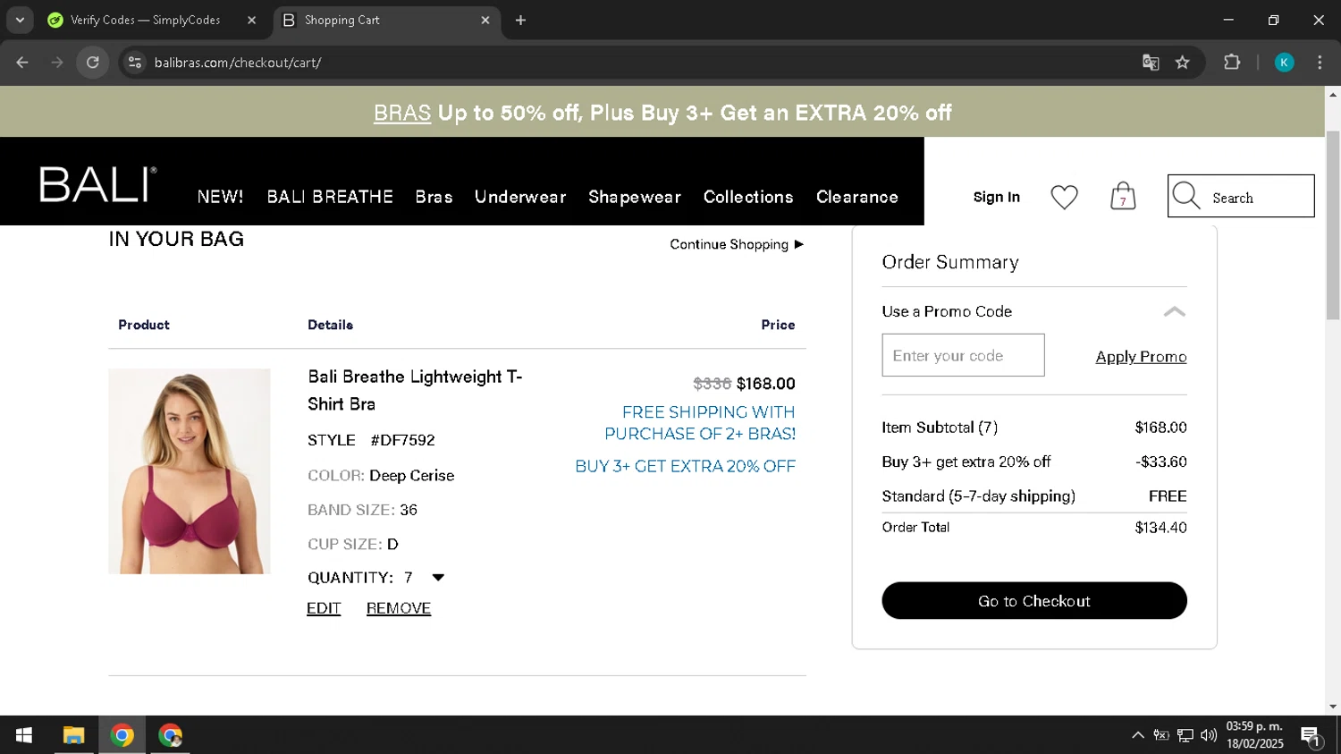 BALI Bras promo code screenshot showing code get20% applied at BALI Bras checkout page. Uploaded by SimplyCodes community member CodeHunter9012 on Feb 18, 2025