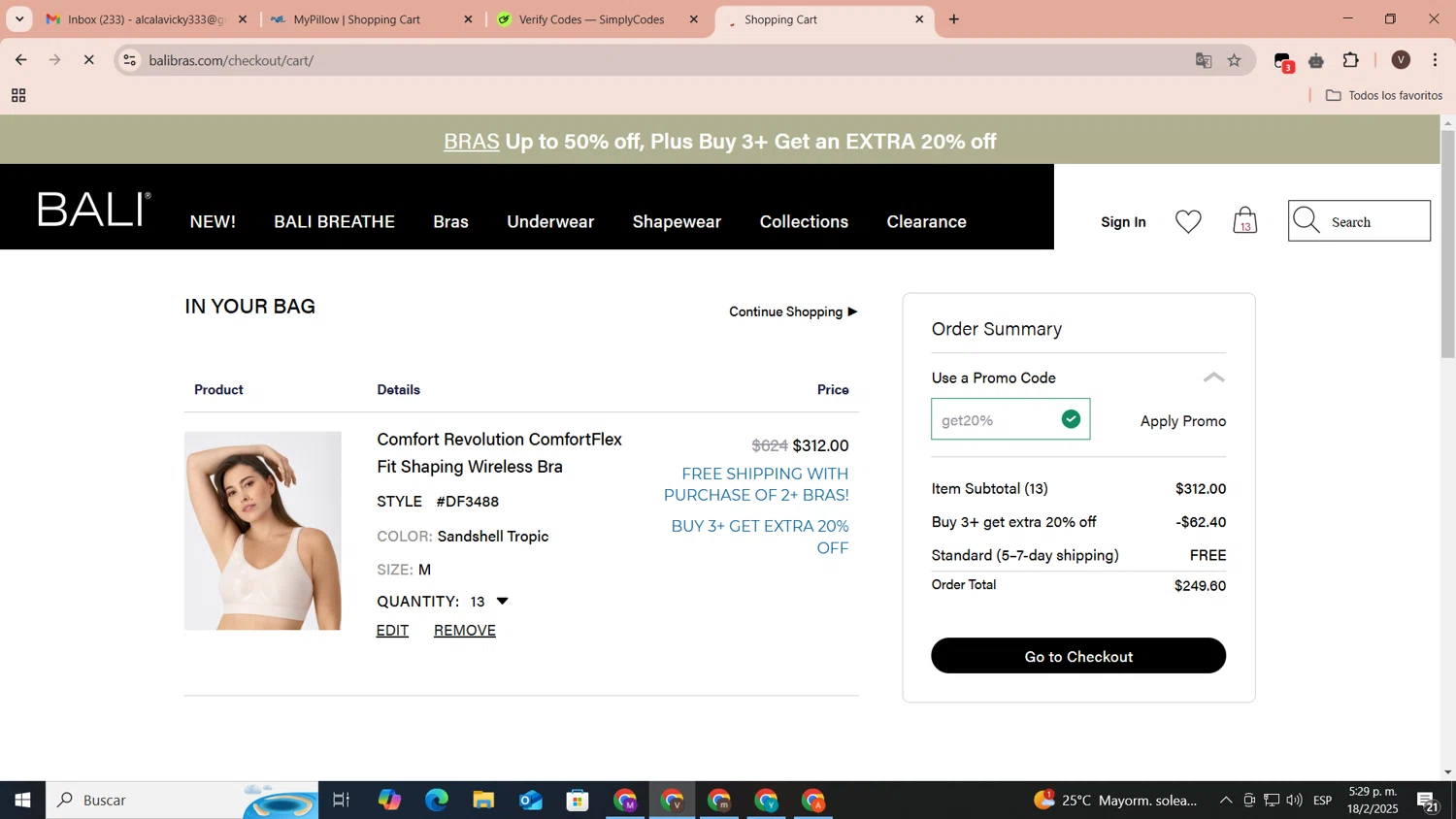 BALI Bras promo code screenshot showing code get20% applied at BALI Bras checkout page. Uploaded by SimplyCodes community member CoinLegend1707 on Feb 18, 2025