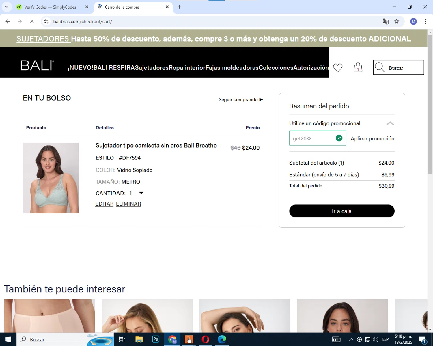 BALI Bras promo code screenshot showing code get20% applied at BALI Bras checkout page. Uploaded by SimplyCodes community member SaleMaestro9905 on Feb 18, 2025