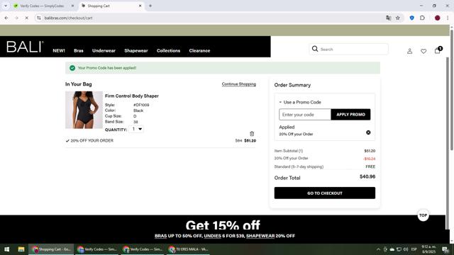BALI Bras checkout page showing BALI Bras promo code box | Screenshot taken by SimplyCodes community member on Sep 8, 2025