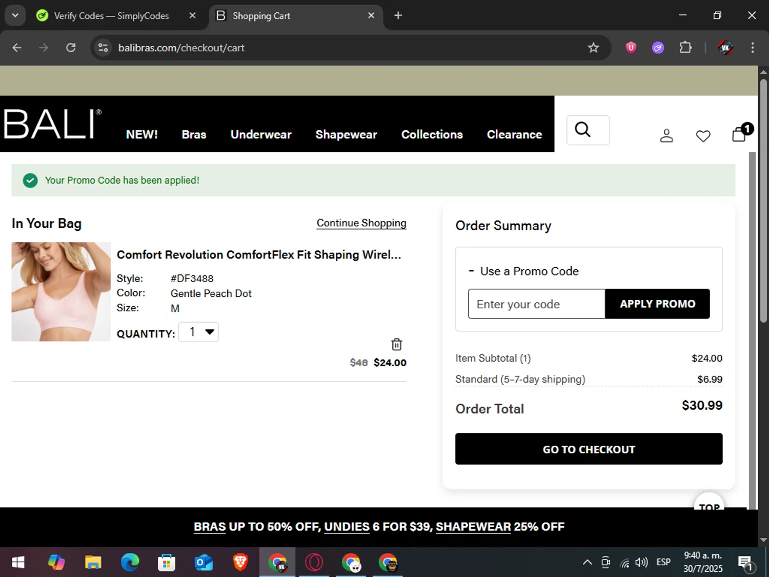 BALI Bras promo code screenshot showing code morbid applied at BALI Bras checkout page. Uploaded by SimplyCodes community member TreasureAdmiral6867 on Jul 30, 2025