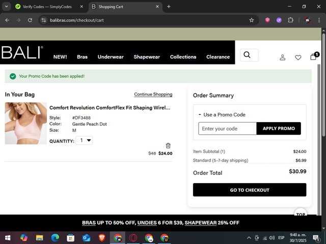 BALI Bras checkout page showing BALI Bras promo code box | Screenshot taken by SimplyCodes community member on Jul 30, 2025