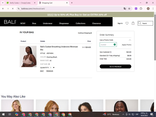 BALI Bras checkout page showing BALI Bras promo code box | Screenshot taken by SimplyCodes community member on Apr 10, 2025