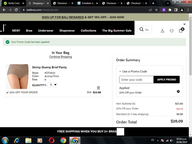 BALI Bras checkout page showing BALI Bras promo code box | Screenshot taken by SimplyCodes community member on Jun 20, 2025