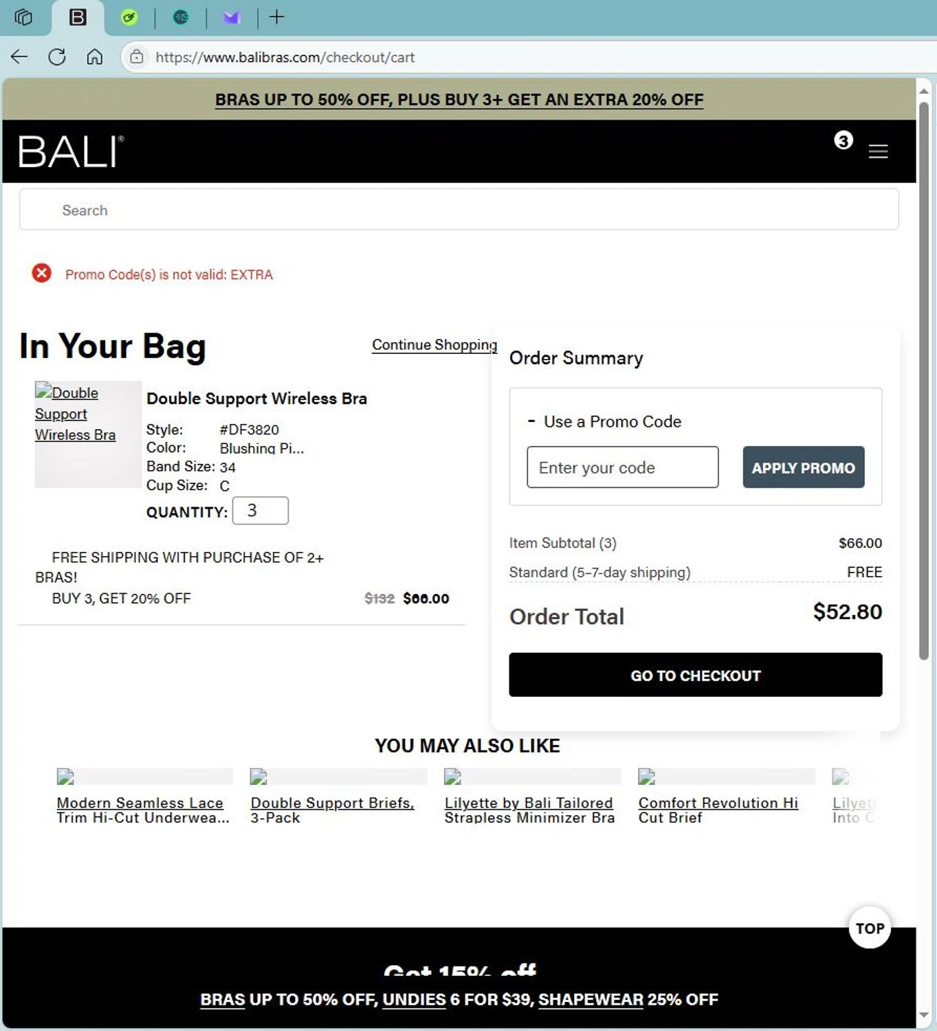 BALI Bras promo code screenshot showing code EXTRA applied at BALI Bras checkout page. Uploaded by SimplyCodes community member Deadpool on May 15, 2025