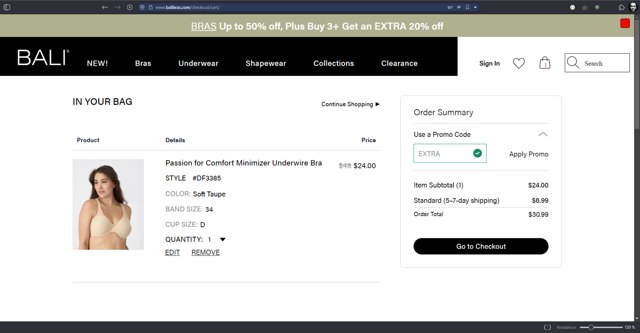 BALI Bras checkout page showing BALI Bras promo code box | Screenshot taken by SimplyCodes community member on Apr 16, 2025