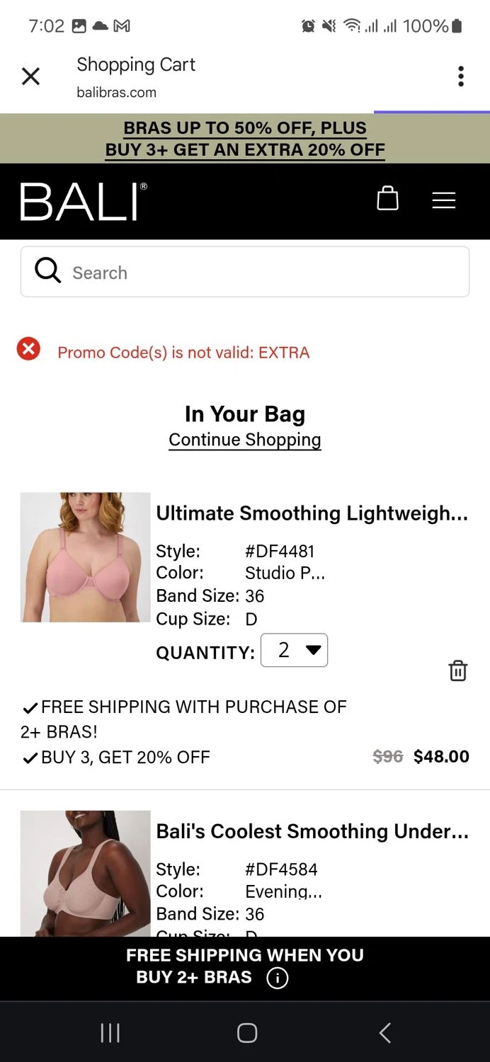 BALI Bras promo code screenshot showing code EXTRA applied at BALI Bras checkout page. Uploaded by SimplyCodes community member ronyacosta on May 15, 2025