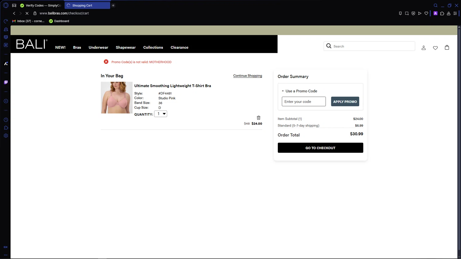 BALI Bras promo code screenshot showing code MOTHERHOOD applied at BALI Bras checkout page. Uploaded by SimplyCodes community member VictoriousCaptain3902 on Jun 2, 2025