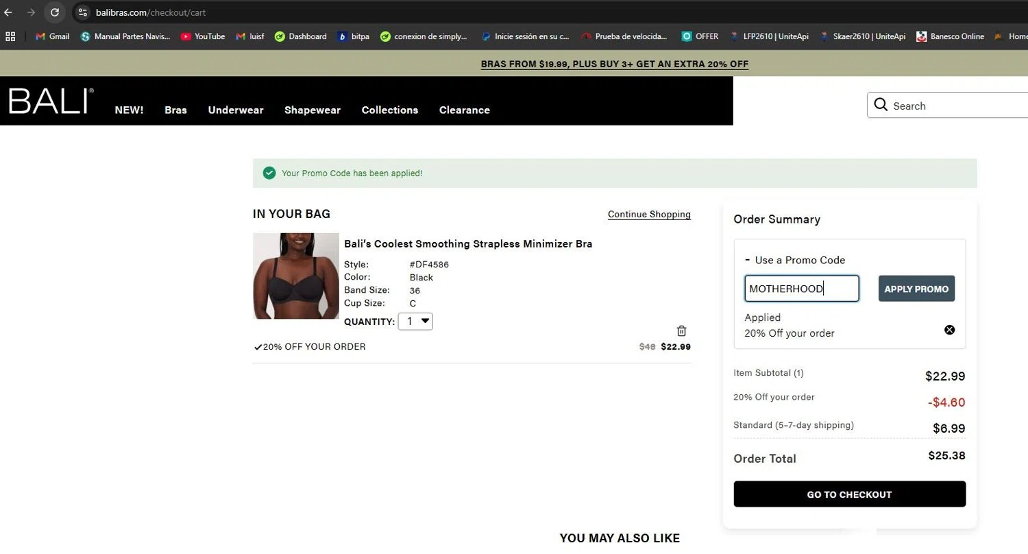 BALI Bras promo code screenshot showing code MOTHERHOOD applied at BALI Bras checkout page. Uploaded by SimplyCodes community member lfppernia on May 9, 2025