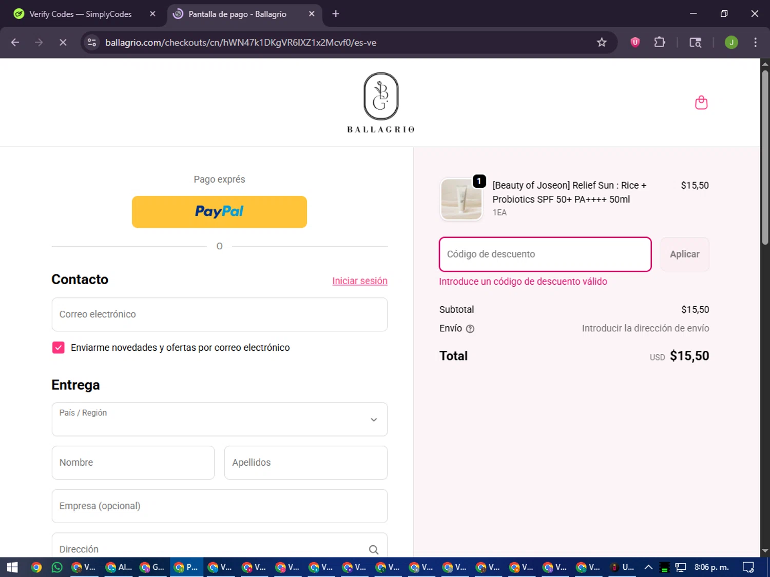 Ballagrio discount code screenshot showing code SUBSCRIBEBALLAGRIO applied at Ballagrio checkout page. Uploaded by SimplyCodes community member LilBaby on Oct 15, 2025