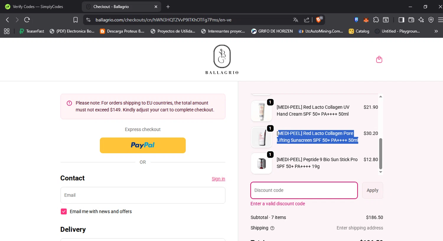 Ballagrio discount code screenshot showing code LOVEBALLAGRIO applied at Ballagrio checkout page. Uploaded by SimplyCodes community member Aleestuse on Sep 22, 2025
