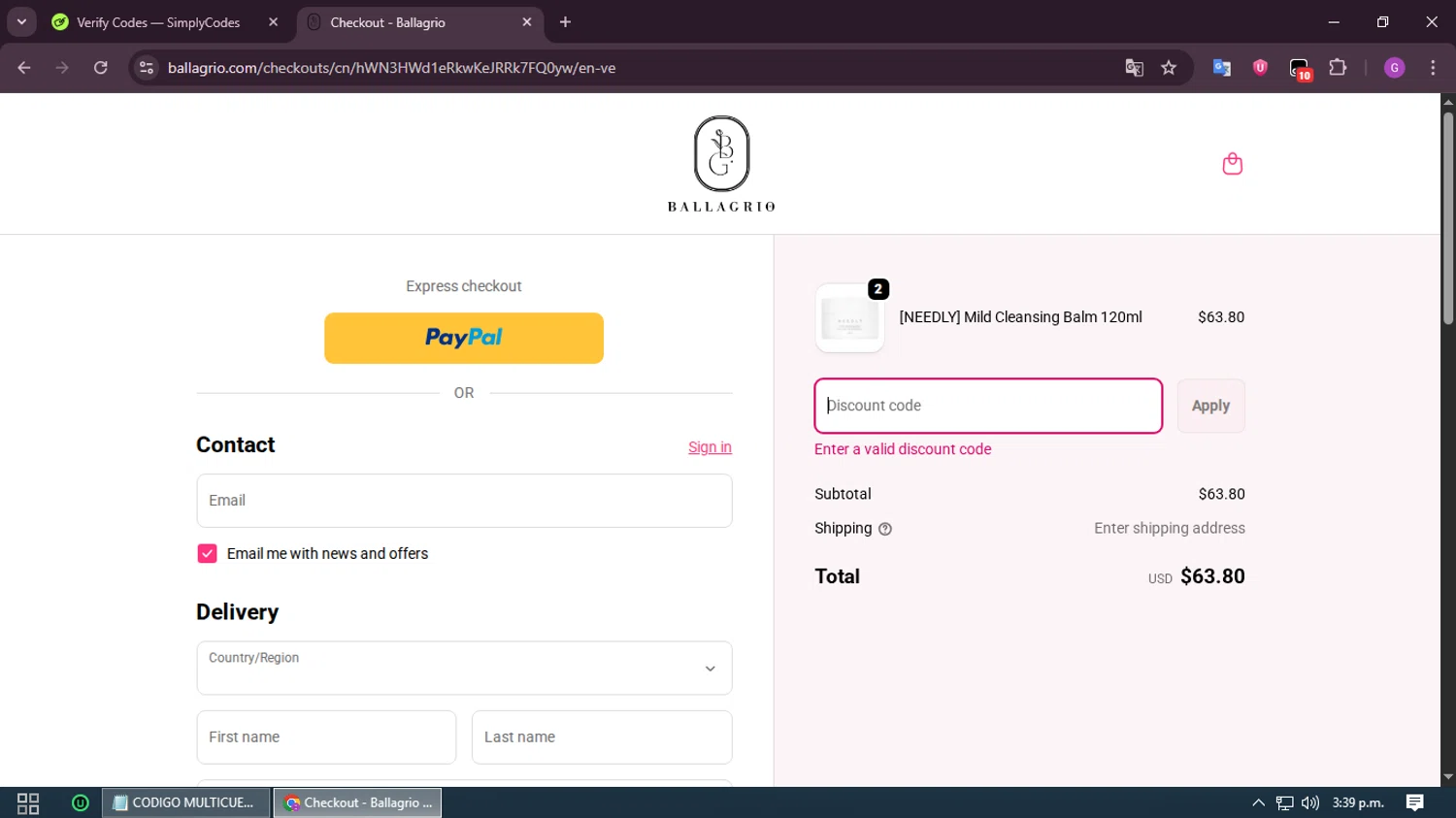 Ballagrio discount code screenshot showing code LOVEBALLAGRIO applied at Ballagrio checkout page. Uploaded by SimplyCodes community member RewardHero5435 on Sep 22, 2025
