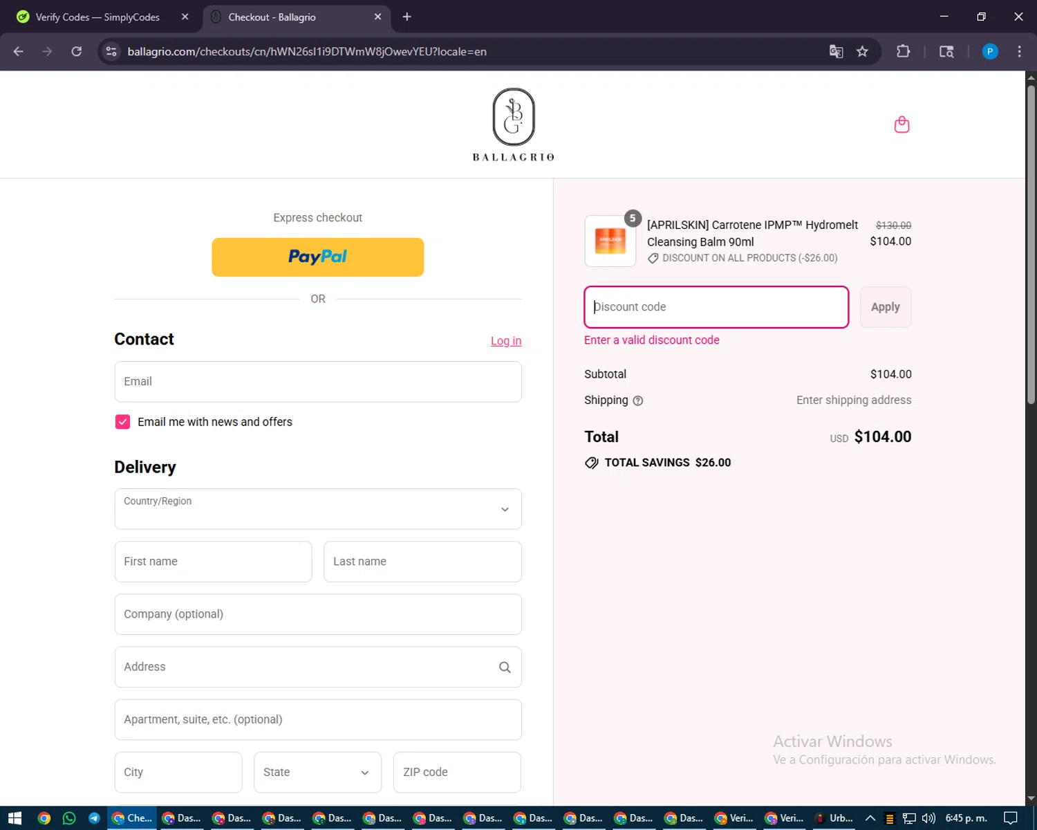 Ballagrio discount code screenshot showing code 2310CMGA applied at Ballagrio checkout page. Uploaded by SimplyCodes community member juiceWRLD on Aug 22, 2025