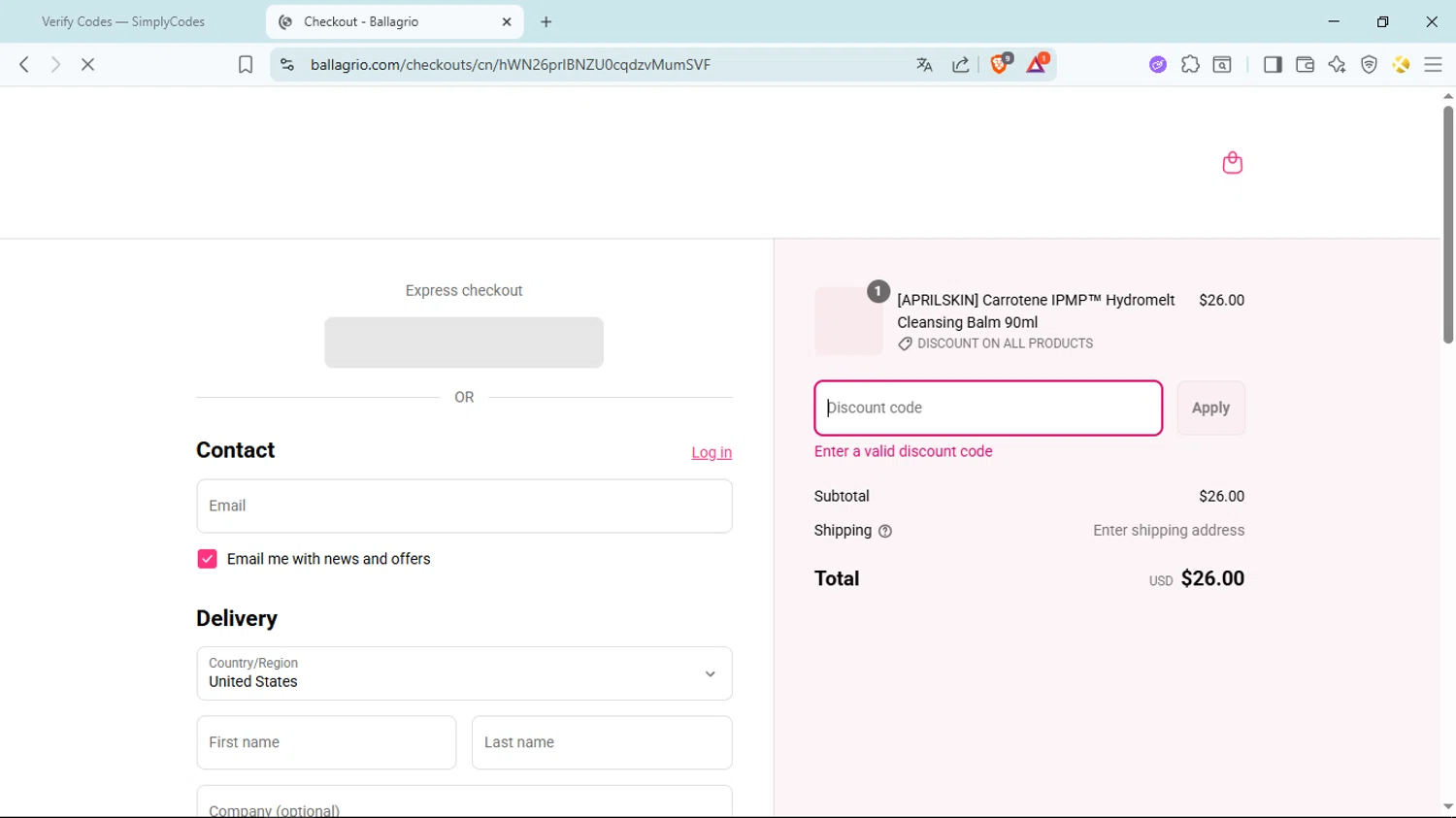 Ballagrio discount code screenshot showing code 2310BCGA applied at Ballagrio checkout page. Uploaded by SimplyCodes community member Ranita_de_agua on Aug 22, 2025