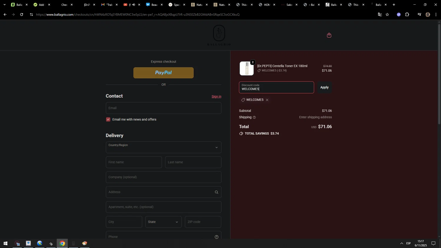 Ballagrio discount code screenshot showing code WELCOME5 applied at Ballagrio checkout page. Uploaded by SimplyCodes community member MarcosAranguren on Nov 6, 2025