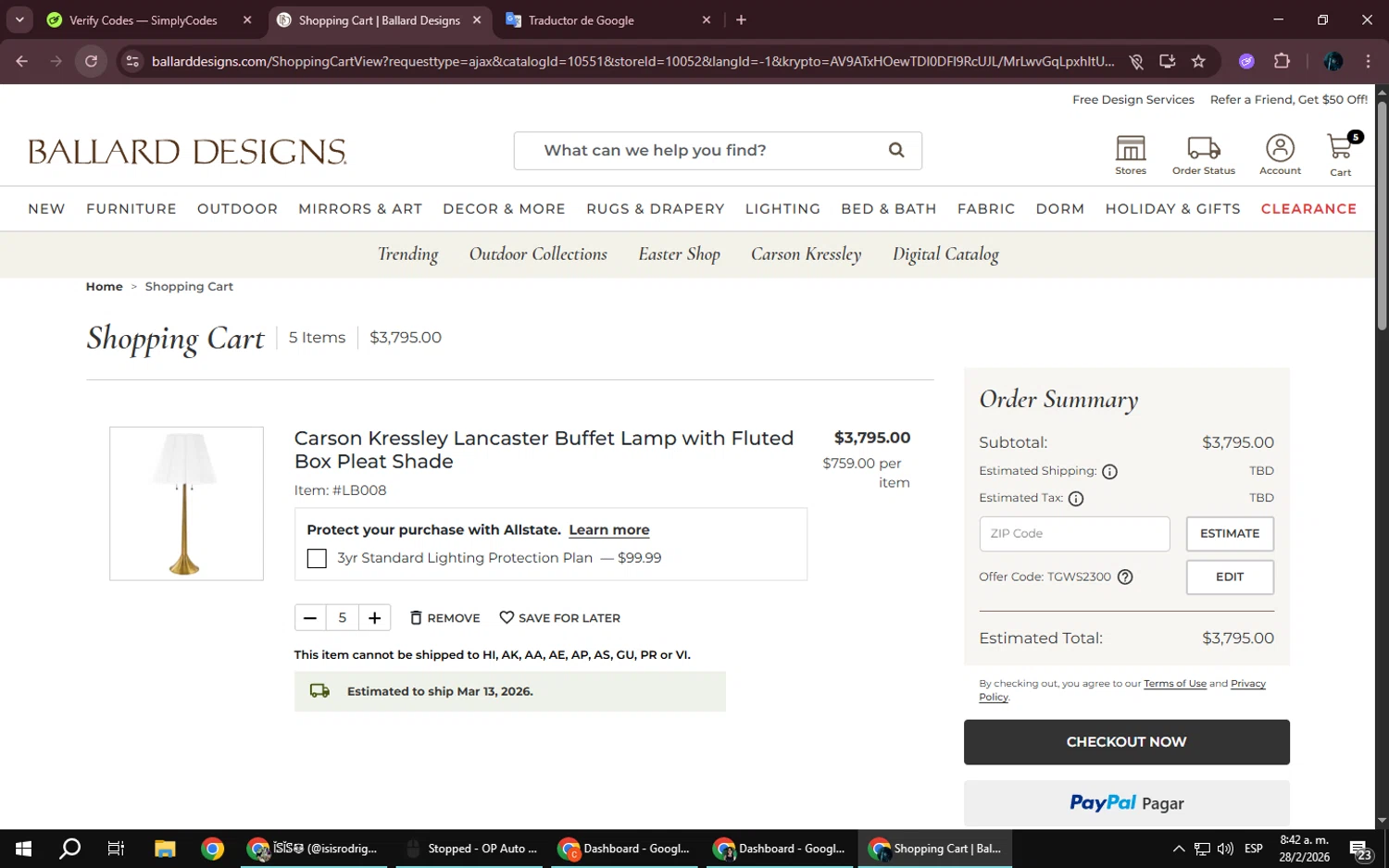 Ballard Designs promo code screenshot showing code TGWS2300 applied at Ballard Designs checkout page. Uploaded by SimplyCodes community member Kurokenshi on Feb 28, 2026