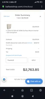 BallastShop coupon verification screenshot