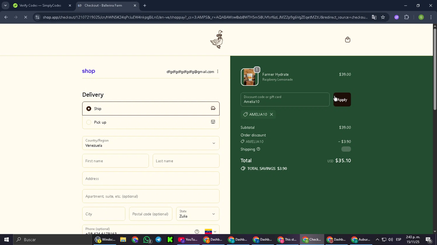 Ballerina Farm discount code screenshot showing code Amelia10 applied at Ballerina Farm checkout page. Uploaded by SimplyCodes community member Cynoxx on Nov 15, 2025
