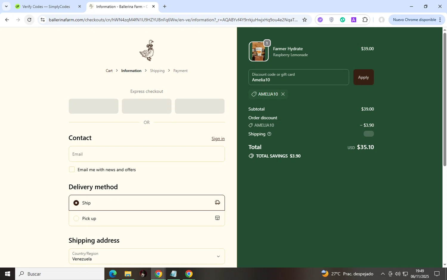 Ballerina Farm discount code screenshot showing code Amelia10 applied at Ballerina Farm checkout page. Uploaded by SimplyCodes community member user1998 on Nov 6, 2025