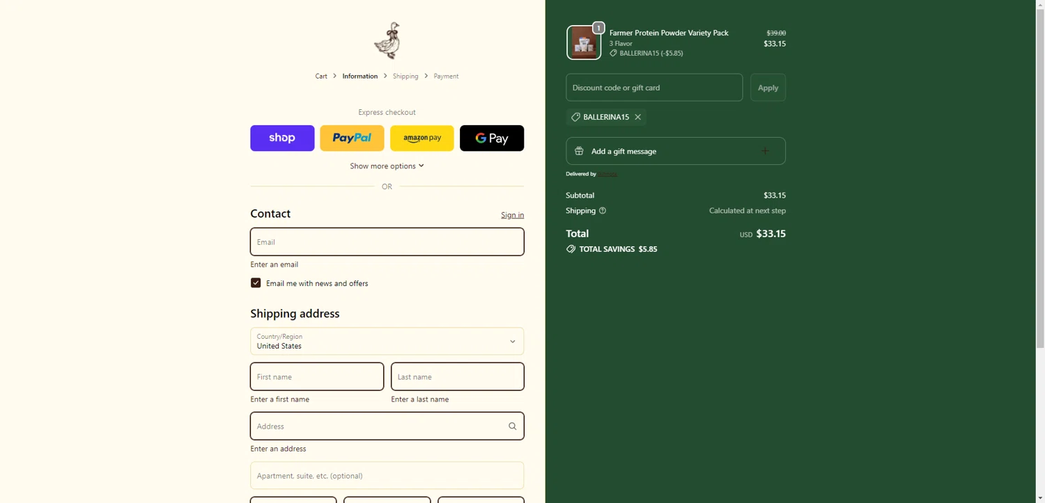 Ballerina Farm discount code screenshot showing code BALLERINA15 applied at Ballerina Farm checkout page. Uploaded by SimplyCodes community member NobleMaestro6498 on Feb 2, 2026