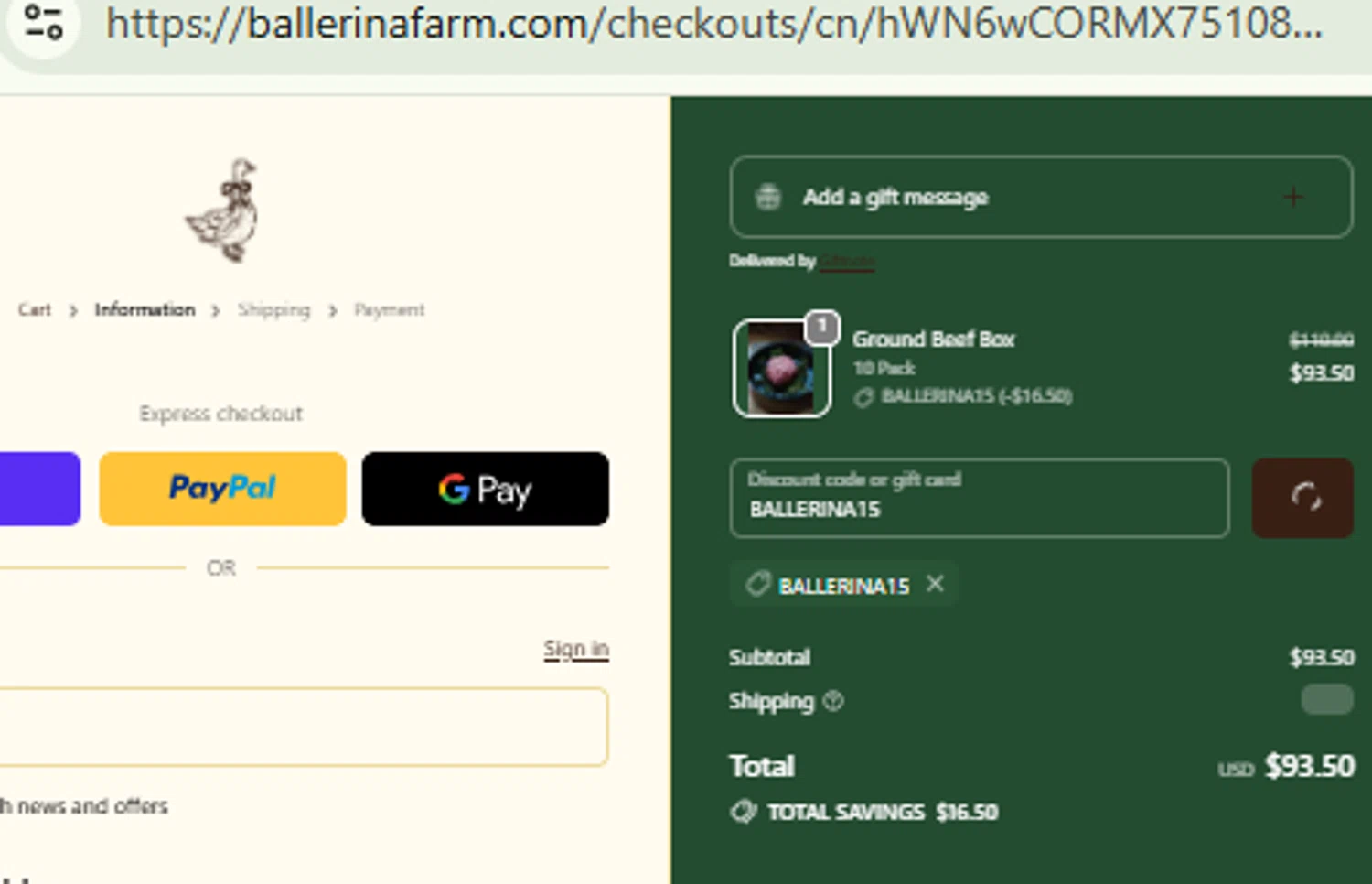 Ballerina Farm discount code screenshot showing code BALLERINA15 applied at Ballerina Farm checkout page. Uploaded by SimplyCodes community member RewardFinder4836 on Dec 28, 2025