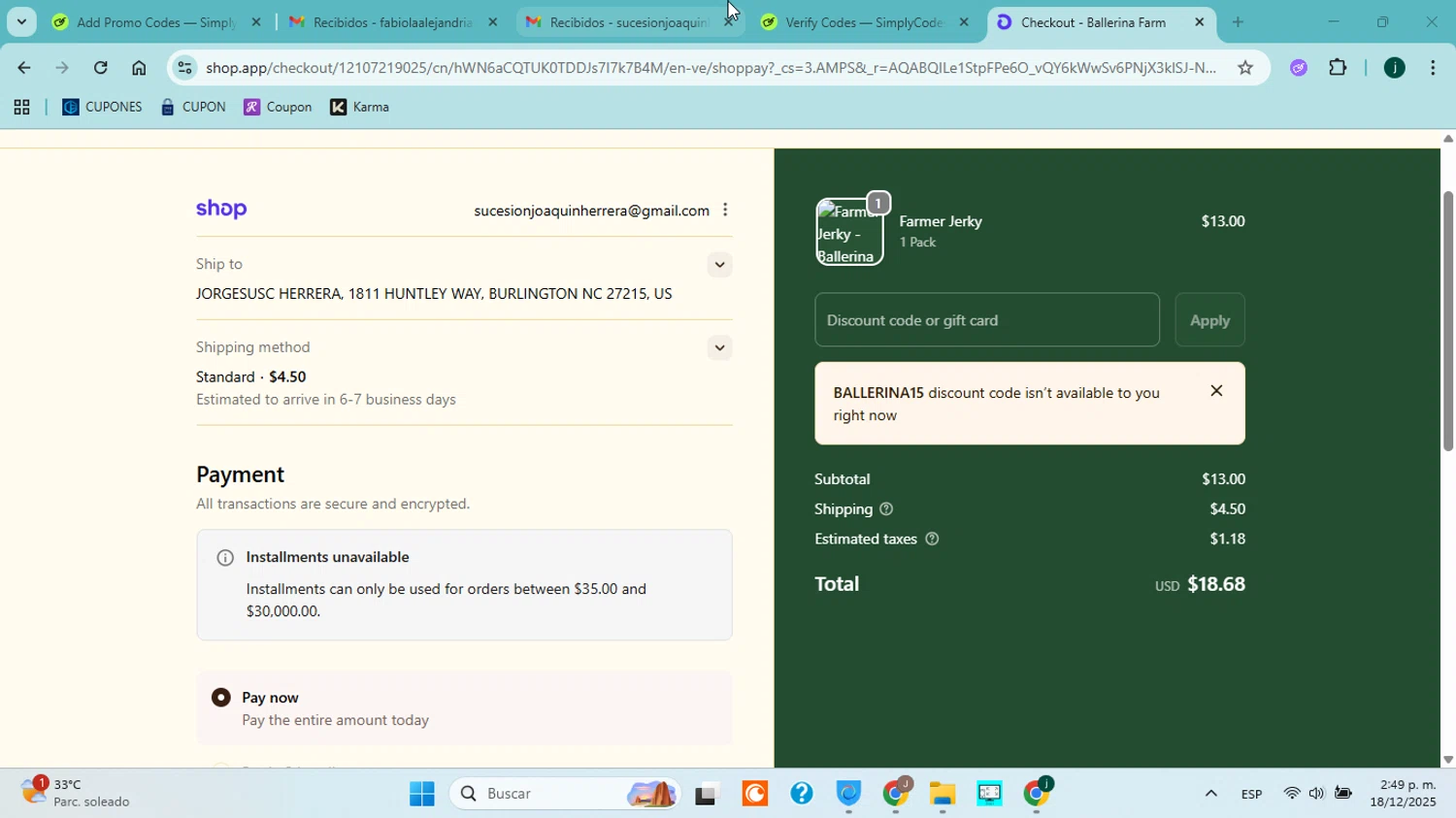 Ballerina Farm discount code screenshot showing code BALLERINA15 applied at Ballerina Farm checkout page. Uploaded by SimplyCodes community member jorgejavierherrera on Dec 18, 2025